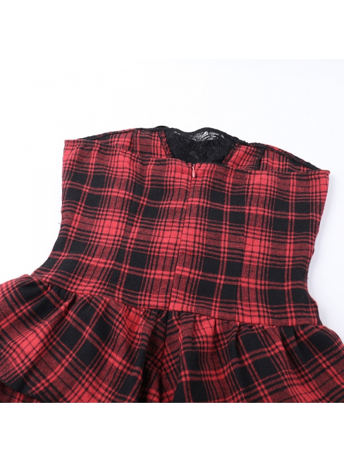 Black And Red Grid Pattern Front Center Eyelet Cross Straps Punk Style Sleeveless Tube Dress