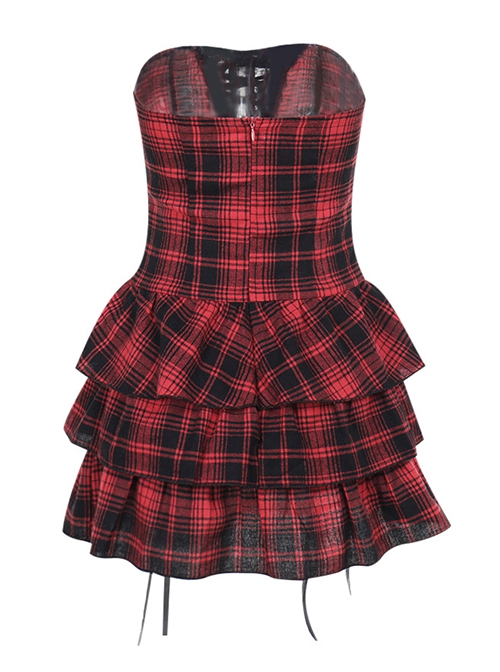 Black And Red Grid Pattern Front Center Eyelet Cross Straps Punk Style Sleeveless Tube Dress
