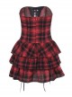 Black And Red Grid Pattern Front Center Eyelet Cross Straps Punk Style Sleeveless Tube Dress
