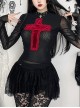 Sexy Slightly Transparent Black Mesh Fabric Red Cross Pattern Decoration On The Front Gothic Style Versatile Long Sleeved Top