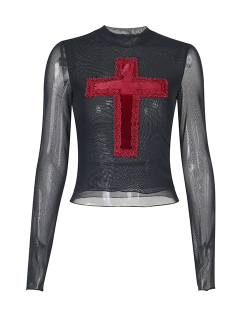 Sexy Slightly Transparent Black Mesh Fabric Red Cross Pattern Decoration On The Front Gothic Style Versatile Long Sleeved Top