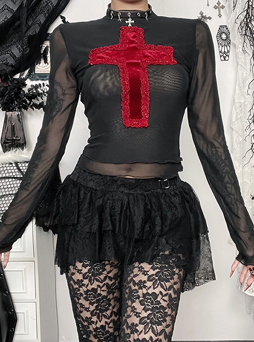 Sexy Slightly Transparent Black Mesh Fabric Red Cross Pattern Decoration On The Front Gothic Style Versatile Long Sleeved Top