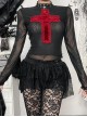 Sexy Slightly Transparent Black Mesh Fabric Red Cross Pattern Decoration On The Front Gothic Style Versatile Long Sleeved Top