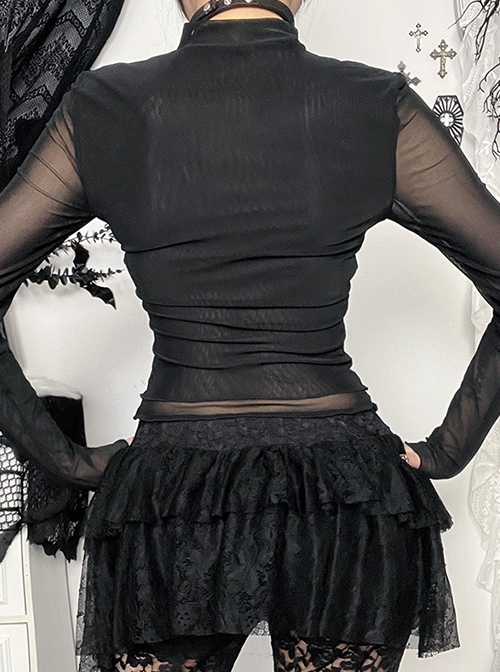 Sexy Slightly Transparent Black Mesh Fabric Red Cross Pattern Decoration On The Front Gothic Style Versatile Long Sleeved Top