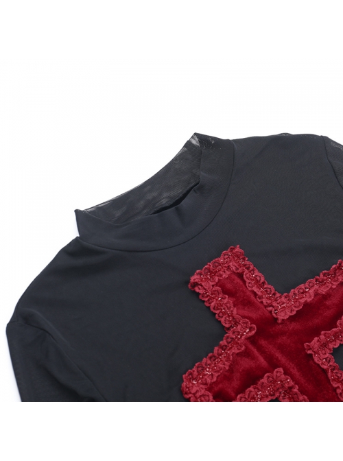 Sexy Slightly Transparent Black Mesh Fabric Red Cross Pattern Decoration On The Front Gothic Style Versatile Long Sleeved Top