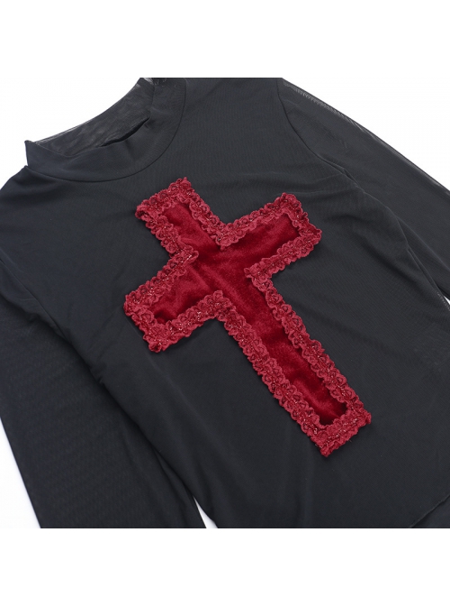 Sexy Slightly Transparent Black Mesh Fabric Red Cross Pattern Decoration On The Front Gothic Style Versatile Long Sleeved Top