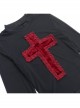 Sexy Slightly Transparent Black Mesh Fabric Red Cross Pattern Decoration On The Front Gothic Style Versatile Long Sleeved Top