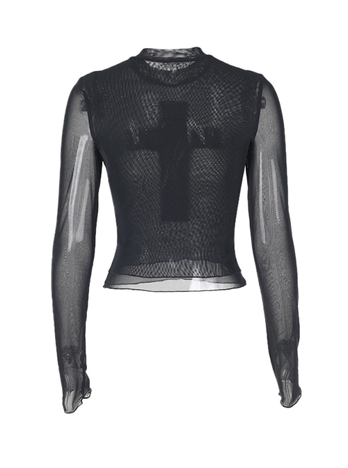 Sexy Slightly Transparent Black Mesh Fabric Red Cross Pattern Decoration On The Front Gothic Style Versatile Long Sleeved Top