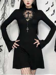Black Simple Slim Fit Cross Carved Pattern On The Chest Gothic Style Long Sleeve Hip Dress