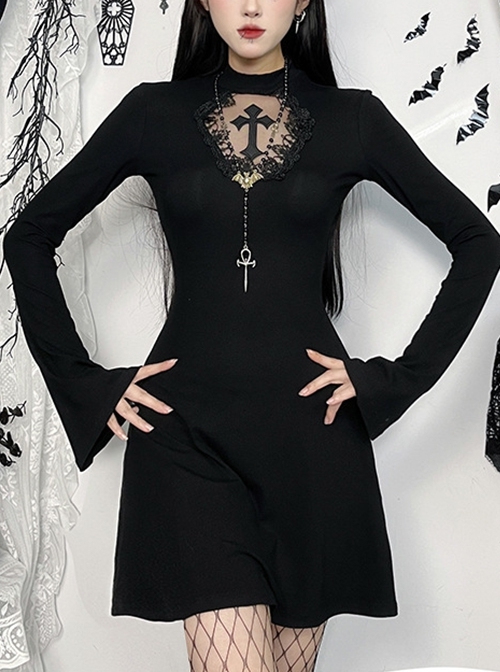 Black Simple Slim Fit Cross Carved Pattern On The Chest Gothic Style Long Sleeve Hip Dress