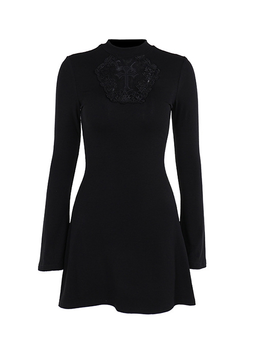 Black Simple Slim Fit Cross Carved Pattern On The Chest Gothic Style Long Sleeve Hip Dress