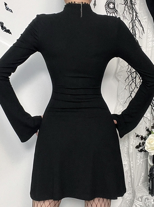 Black Simple Slim Fit Cross Carved Pattern On The Chest Gothic Style Long Sleeve Hip Dress