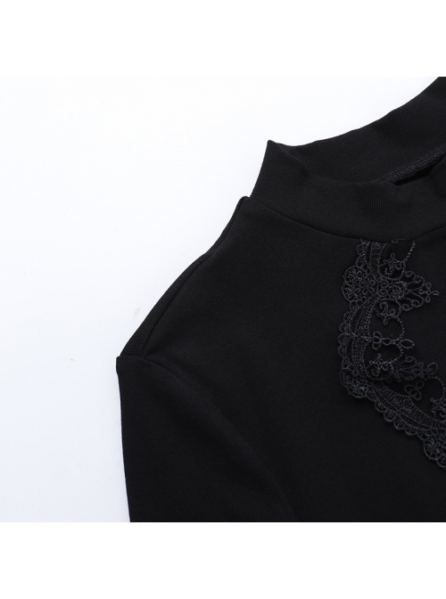 Black Simple Slim Fit Cross Carved Pattern On The Chest Gothic Style Long Sleeve Hip Dress
