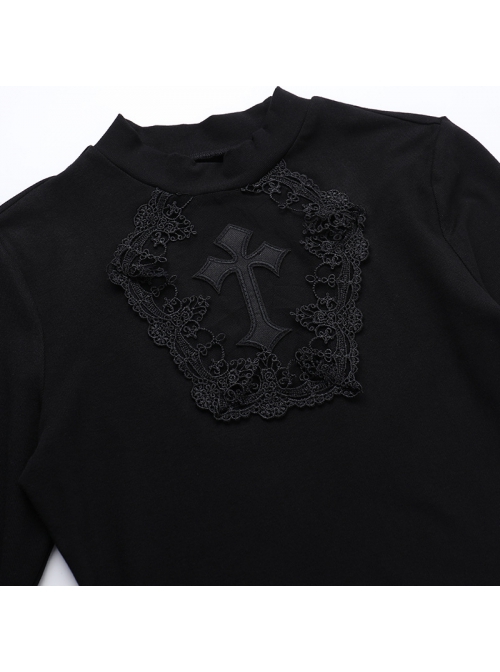 Black Simple Slim Fit Cross Carved Pattern On The Chest Gothic Style Long Sleeve Hip Dress