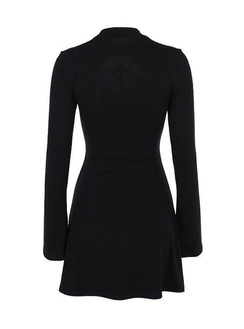 Black Simple Slim Fit Cross Carved Pattern On The Chest Gothic Style Long Sleeve Hip Dress