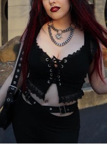 Sexy Black All Match Lace Front Eyelet Rope Decoration Punk Style Low Cut Vest