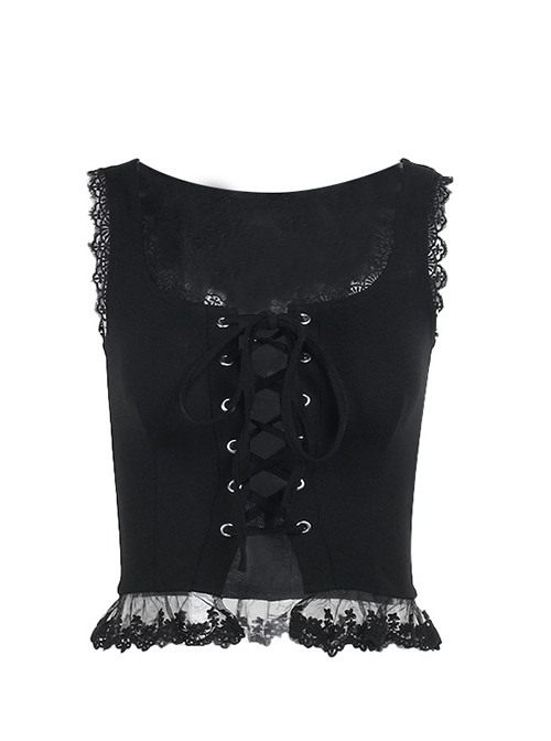 Sexy Black All Match Lace Front Eyelet Rope Decoration Punk Style Low Cut Vest