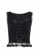 Sexy Black All Match Lace Front Eyelet Rope Decoration Punk Style Low Cut Vest