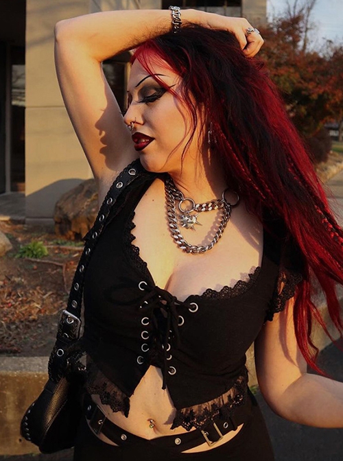 Sexy Black All Match Lace Front Eyelet Rope Decoration Punk Style Low Cut Vest