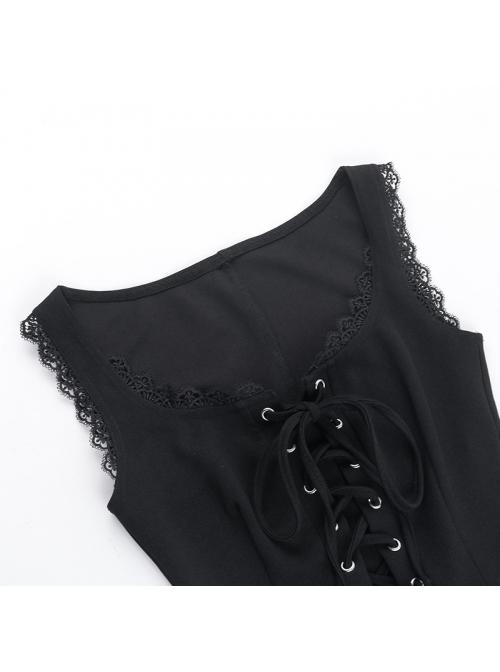 Sexy Black All Match Lace Front Eyelet Rope Decoration Punk Style Low Cut Vest