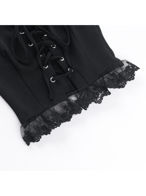 Sexy Black All Match Lace Front Eyelet Rope Decoration Punk Style Low Cut Vest