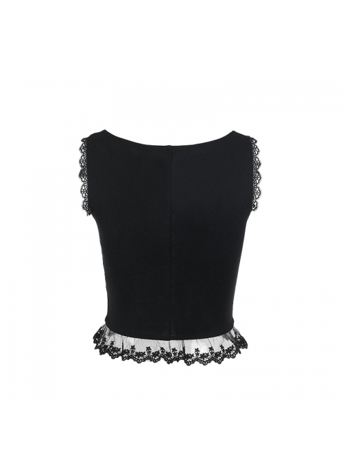 Sexy Black All Match Lace Front Eyelet Rope Decoration Punk Style Low Cut Vest