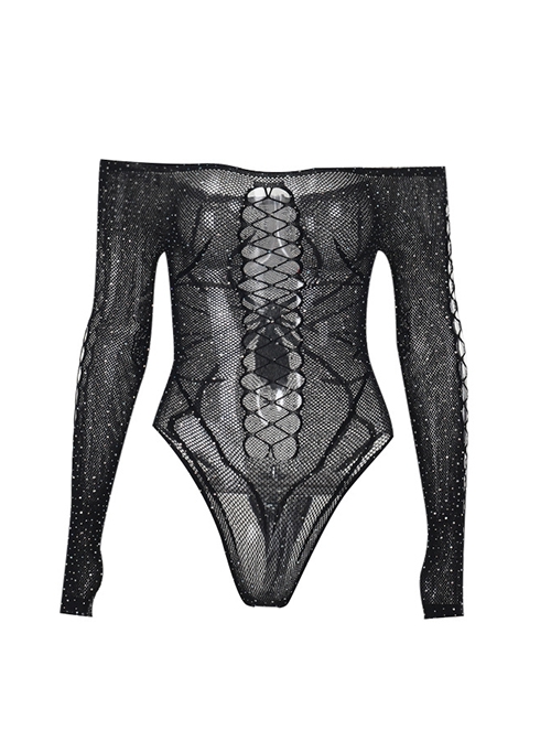 Black Sexy Shiny Hollow Slightly Elastic Spider Web See Through Low Collar Punk Style See Through Long Sleeved Bodysuit
