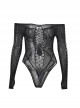 Black Sexy Shiny Hollow Slightly Elastic Spider Web See Through Low Collar Punk Style See Through Long Sleeved Bodysuit