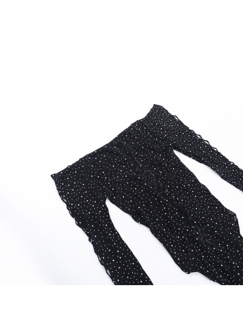 Black Sexy Shiny Hollow Slightly Elastic Spider Web See Through Low Collar Punk Style See Through Long Sleeved Bodysuit