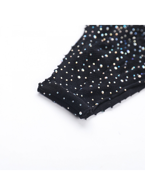 Black Sexy Shiny Hollow Slightly Elastic Spider Web See Through Low Collar Punk Style See Through Long Sleeved Bodysuit