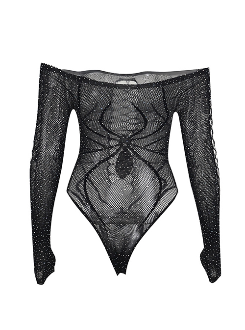 Black Sexy Shiny Hollow Slightly Elastic Spider Web See Through Low Collar Punk Style See Through Long Sleeved Bodysuit