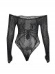 Black Sexy Shiny Hollow Slightly Elastic Spider Web See Through Low Collar Punk Style See Through Long Sleeved Bodysuit