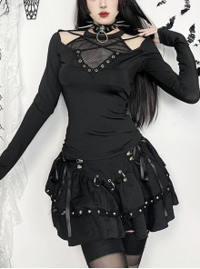 Simple Black Woven Chest Stitching Mesh Shoulder Hollow Design Punk Style Long Sleeve Versatile Top