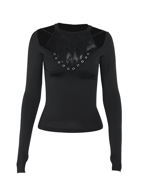 Simple Black Woven Chest Stitching Mesh Shoulder Hollow Design Punk Style Long Sleeve Versatile Top
