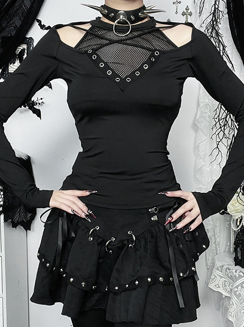Simple Black Woven Chest Stitching Mesh Shoulder Hollow Design Punk Style Long Sleeve Versatile Top