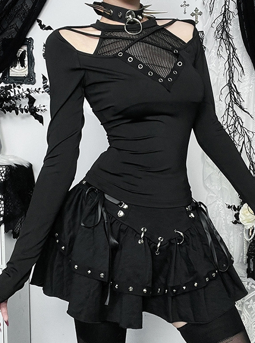 Simple Black Woven Chest Stitching Mesh Shoulder Hollow Design Punk Style Long Sleeve Versatile Top
