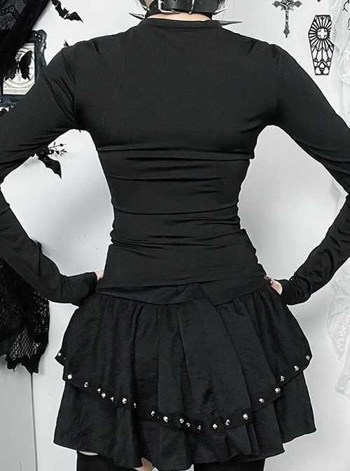 Simple Black Woven Chest Stitching Mesh Shoulder Hollow Design Punk Style Long Sleeve Versatile Top