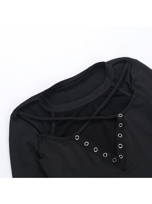 Simple Black Woven Chest Stitching Mesh Shoulder Hollow Design Punk Style Long Sleeve Versatile Top