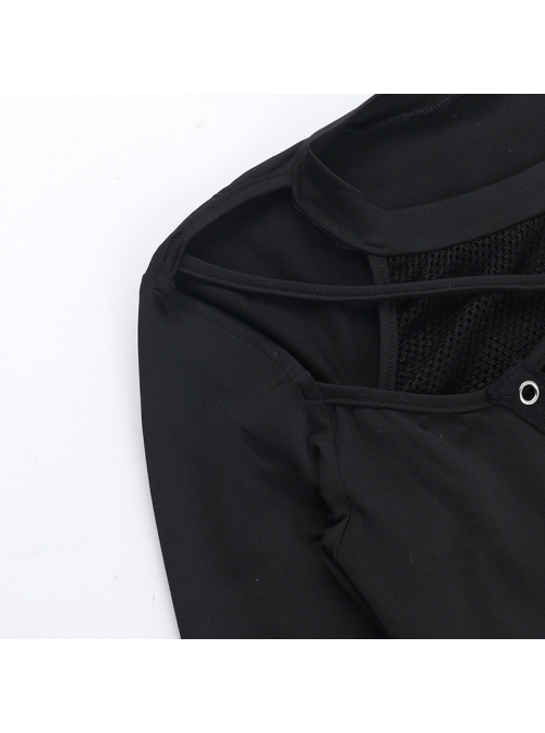 Simple Black Woven Chest Stitching Mesh Shoulder Hollow Design Punk Style Long Sleeve Versatile Top