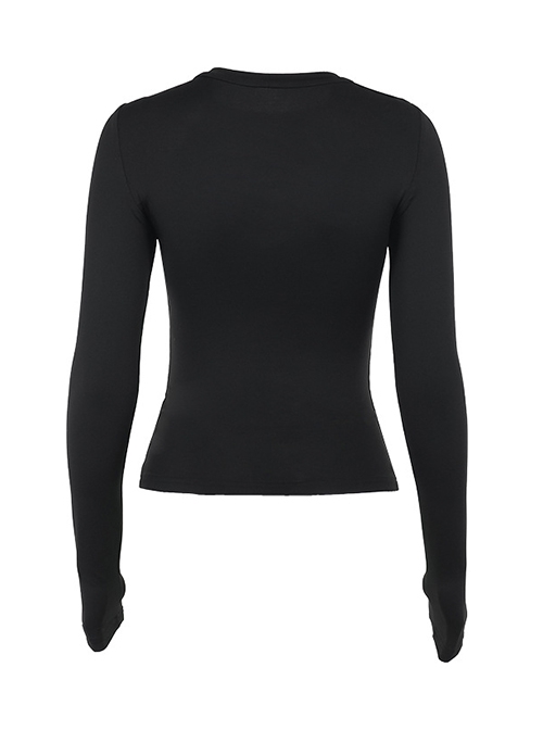 Simple Black Woven Chest Stitching Mesh Shoulder Hollow Design Punk Style Long Sleeve Versatile Top