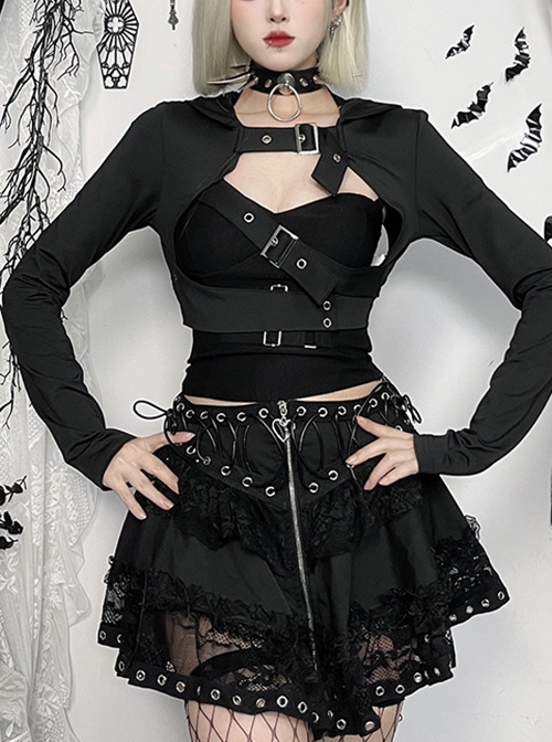 Black Simple Personality Hooded Front Chest Hollow Buckle Decoration Punk Style Long Sleeved Top