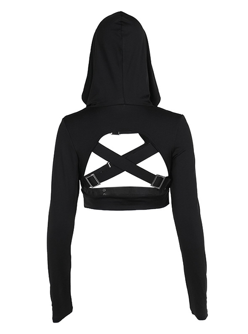 Black Simple Personality Hooded Front Chest Hollow Buckle Decoration Punk Style Long Sleeved Top