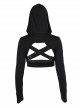 Black Simple Personality Hooded Front Chest Hollow Buckle Decoration Punk Style Long Sleeved Top