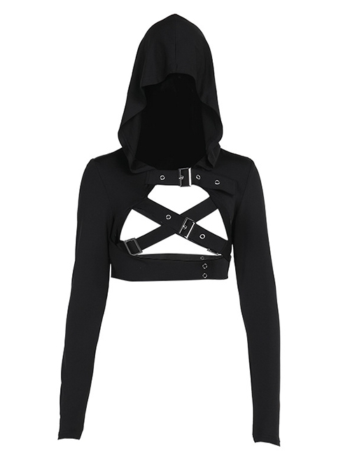 Black Simple Personality Hooded Front Chest Hollow Buckle Decoration Punk Style Long Sleeved Top
