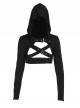 Black Simple Personality Hooded Front Chest Hollow Buckle Decoration Punk Style Long Sleeved Top