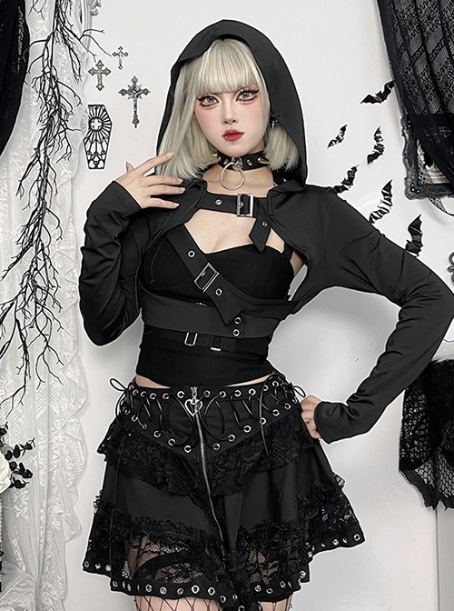 Black Simple Personality Hooded Front Chest Hollow Buckle Decoration Punk Style Long Sleeved Top