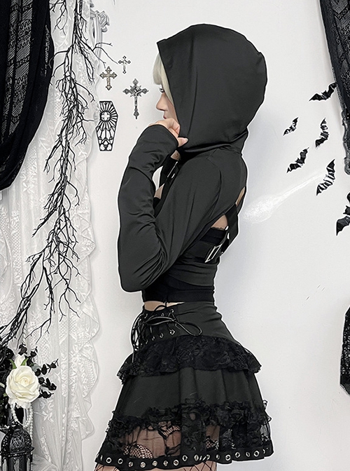 Black Simple Personality Hooded Front Chest Hollow Buckle Decoration Punk Style Long Sleeved Top
