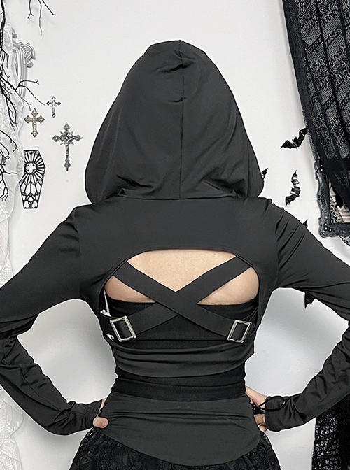 Black Simple Personality Hooded Front Chest Hollow Buckle Decoration Punk Style Long Sleeved Top