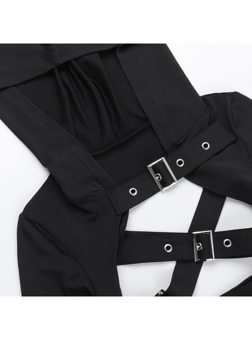 Black Simple Personality Hooded Front Chest Hollow Buckle Decoration Punk Style Long Sleeved Top