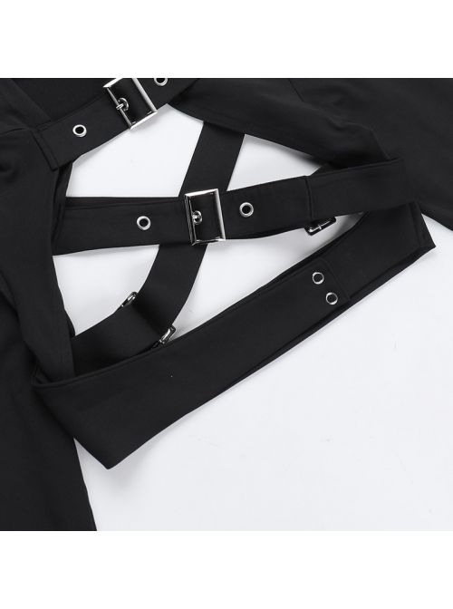 Black Simple Personality Hooded Front Chest Hollow Buckle Decoration Punk Style Long Sleeved Top